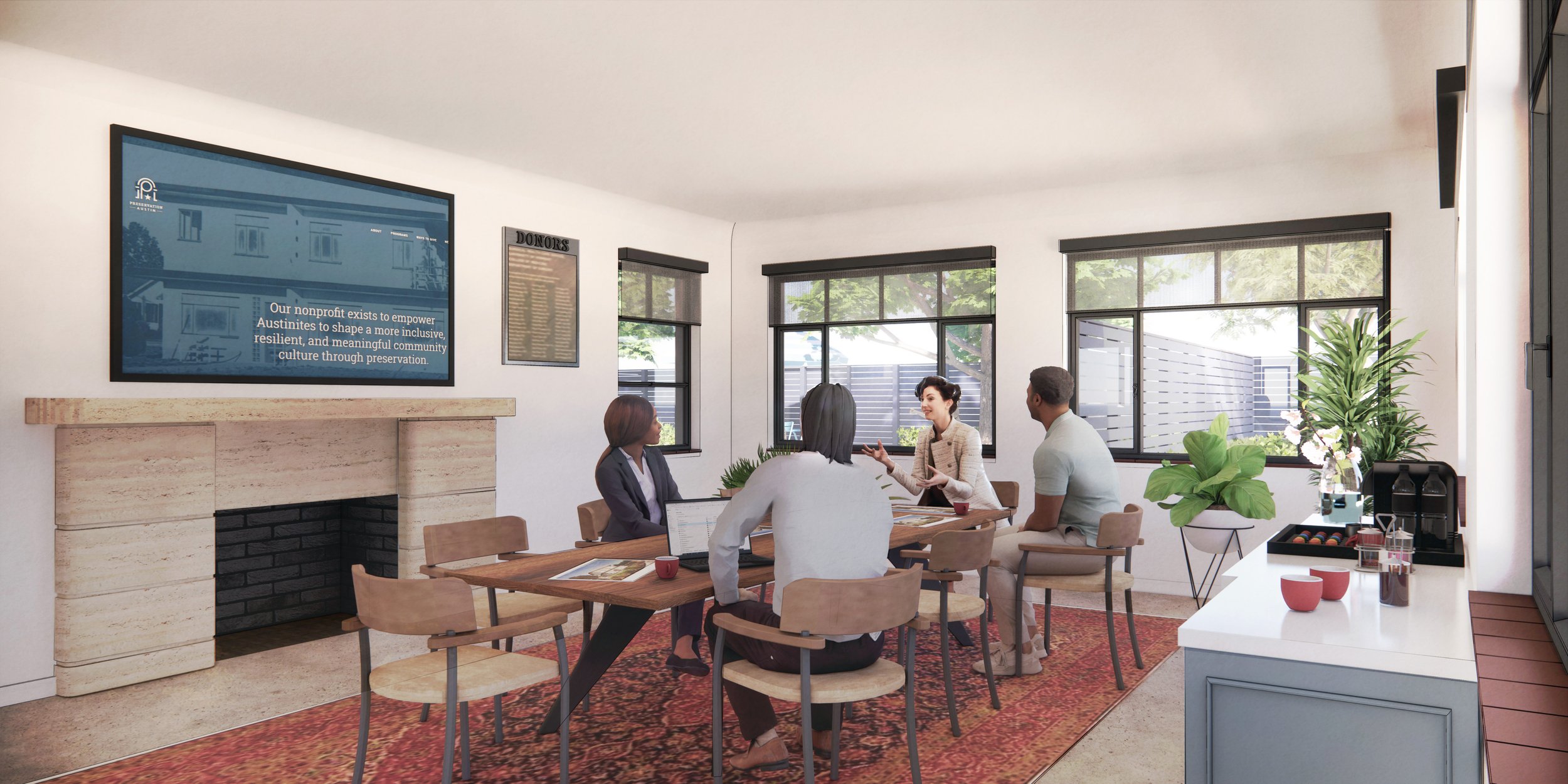 Community Conference Room: With this meeting space, Preservation Austin can more effectively collaborate with community stakeholders, organizations, donors, and volunteers.