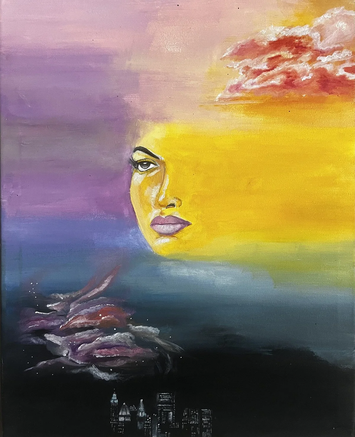 A surreal painting of a woman's face with one eye visible, set against a colorful sky with clouds, a large yellow sun, and a city skyline at the bottom.
