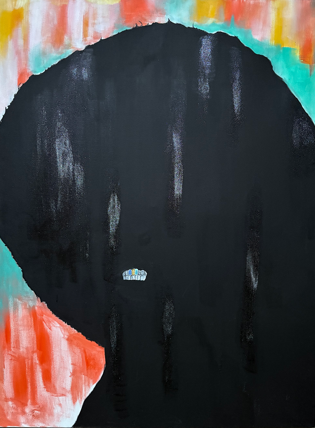 An abstract portrait of a person with long black hair, featuring a dark background and colorful accents at the top and left side of the painting.