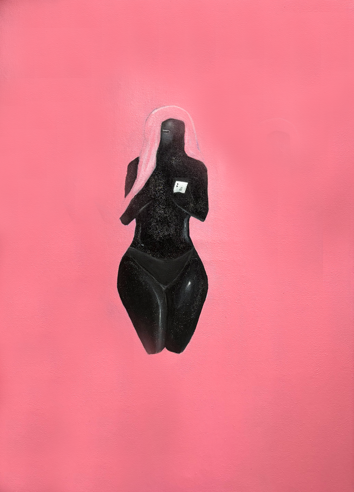 A black statue of a woman with pink hair, holding a phone, against a pink wall.