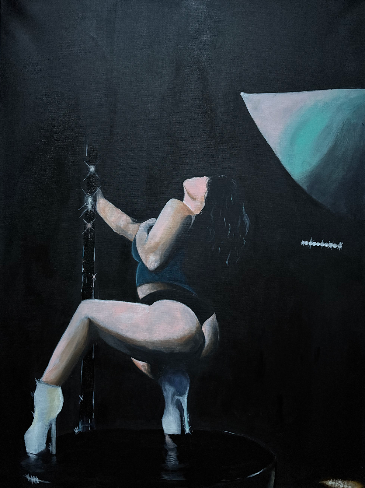 Painting of a female dancer with long dark hair wearing black lingerie, sitting on a glossy black stage, holding on to a dance pole with a teal light in the background.