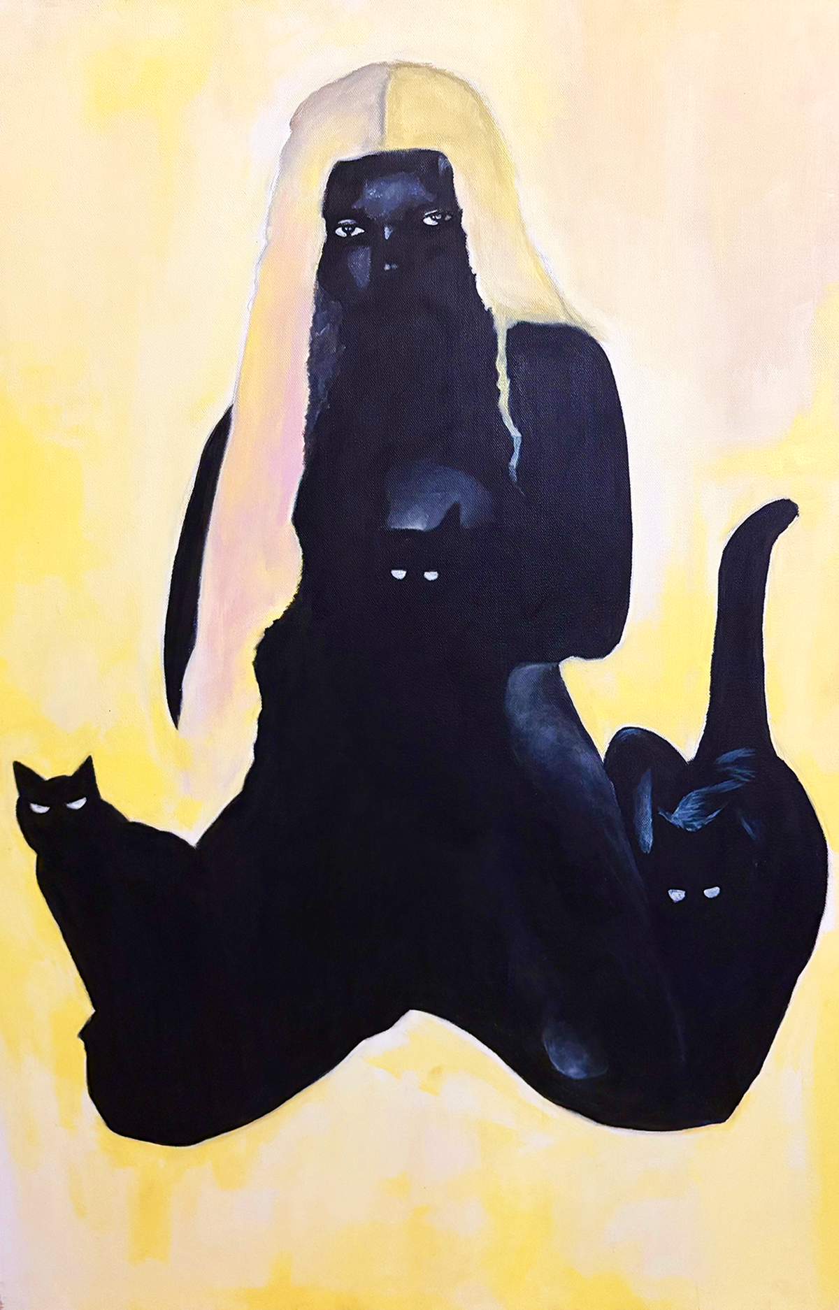 Painting of a abstract black female with blonde hair and three black cats with glowing eyes against a yellow background, one large and in the center, two smaller on either side.