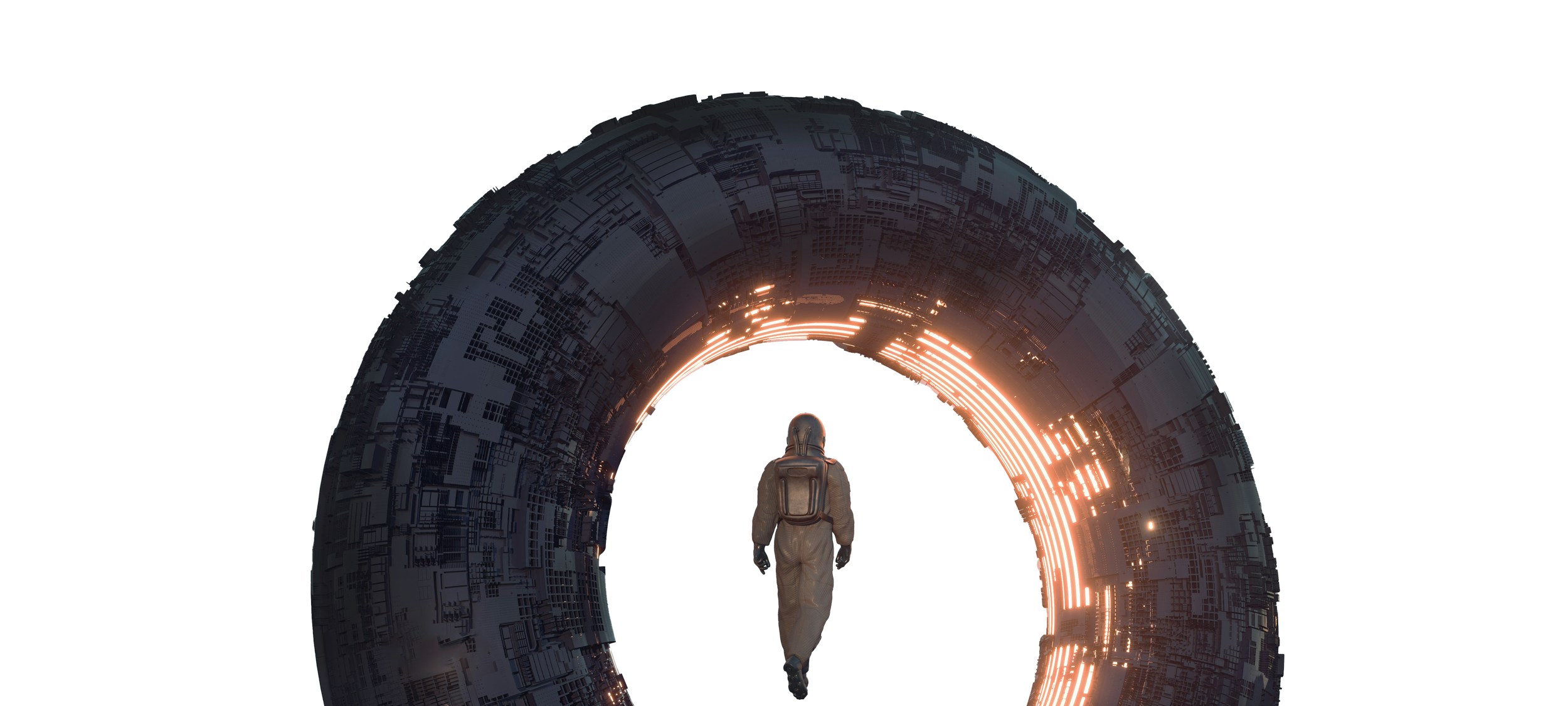 Astronaut walking through a futuristic, glowing tunnel with intricate circuit-like patterns.