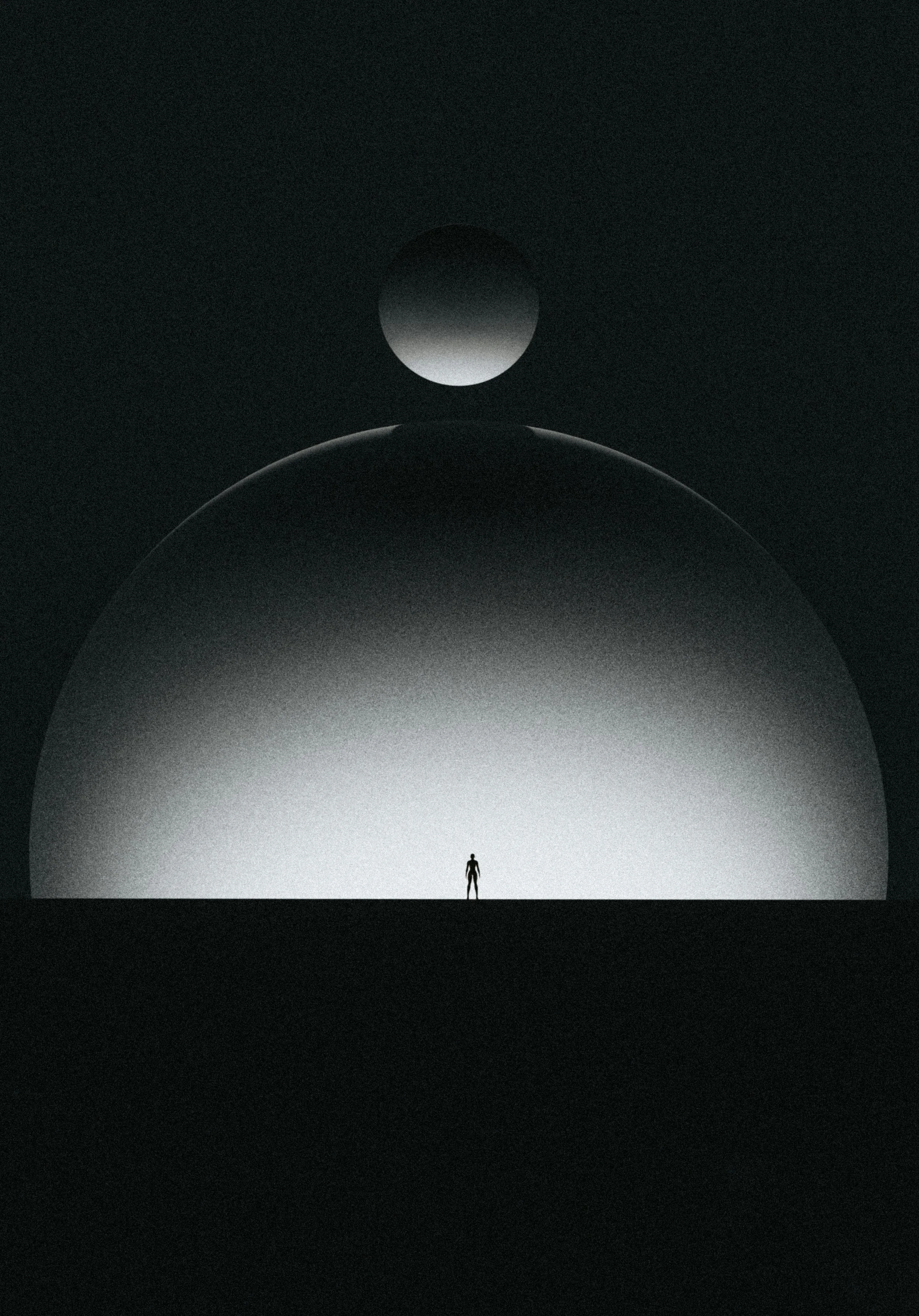 A silhouette of a person standing on flat ground with large, glowing spheres overhead, creating a surreal and abstract scene in black and white.