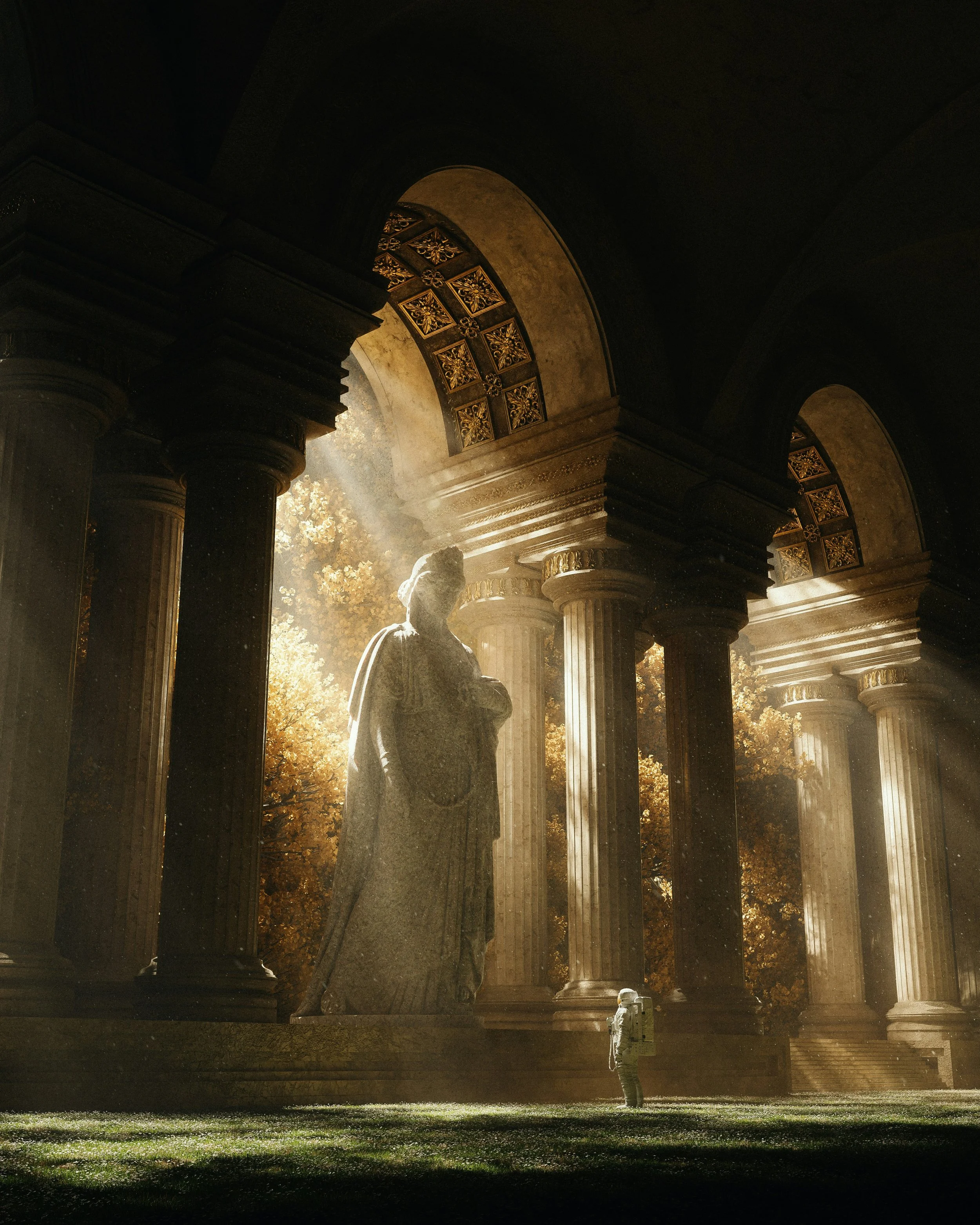 An astronaut stands in front of a large classical statue surrounded by tall columns and ornate arches, with sunlight streaming through trees in the background.