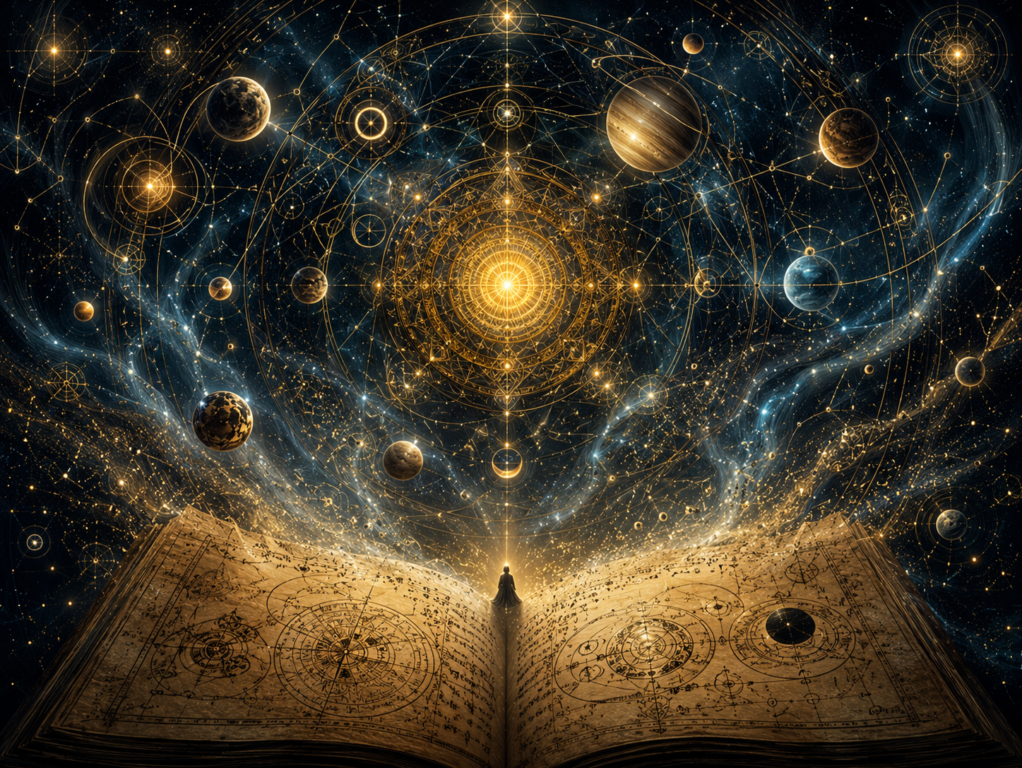 Open book covered in astrological charts, with planets, stars, and geometric patterns radiating into a cosmic sky above.