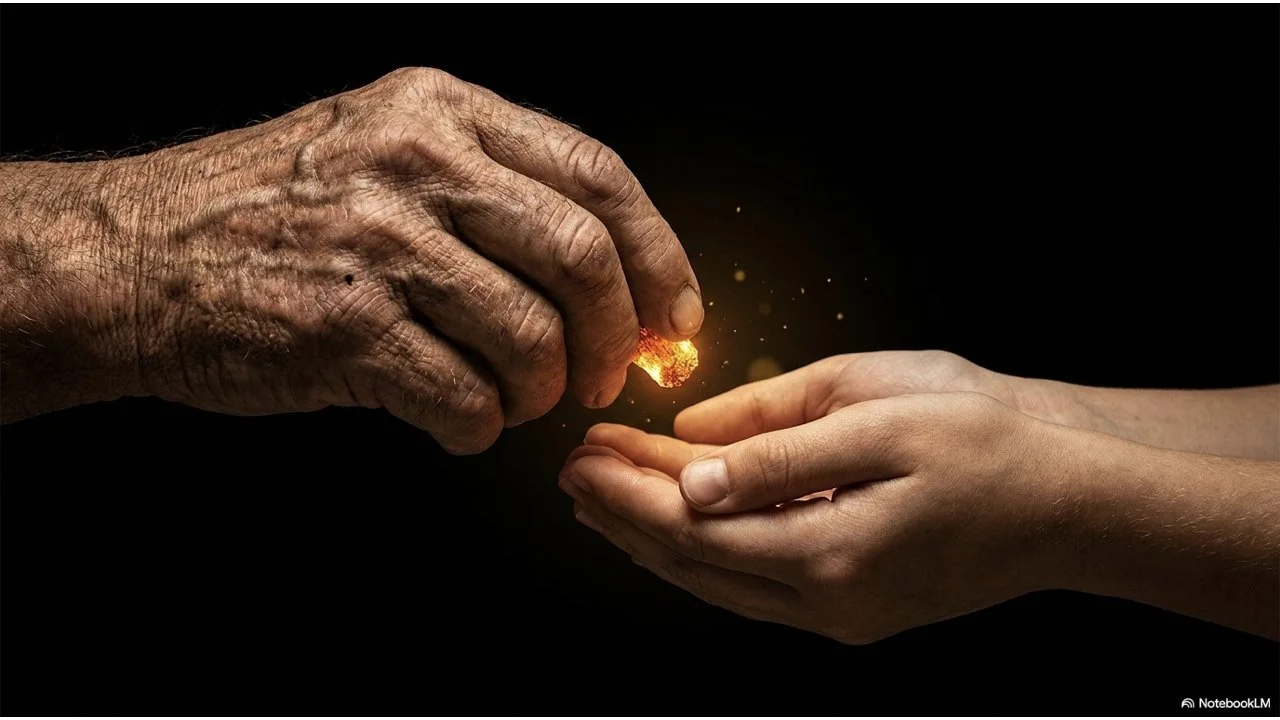 An elder's weathered hand passes a glowing ember to a younger person's cupped hands against a black background.