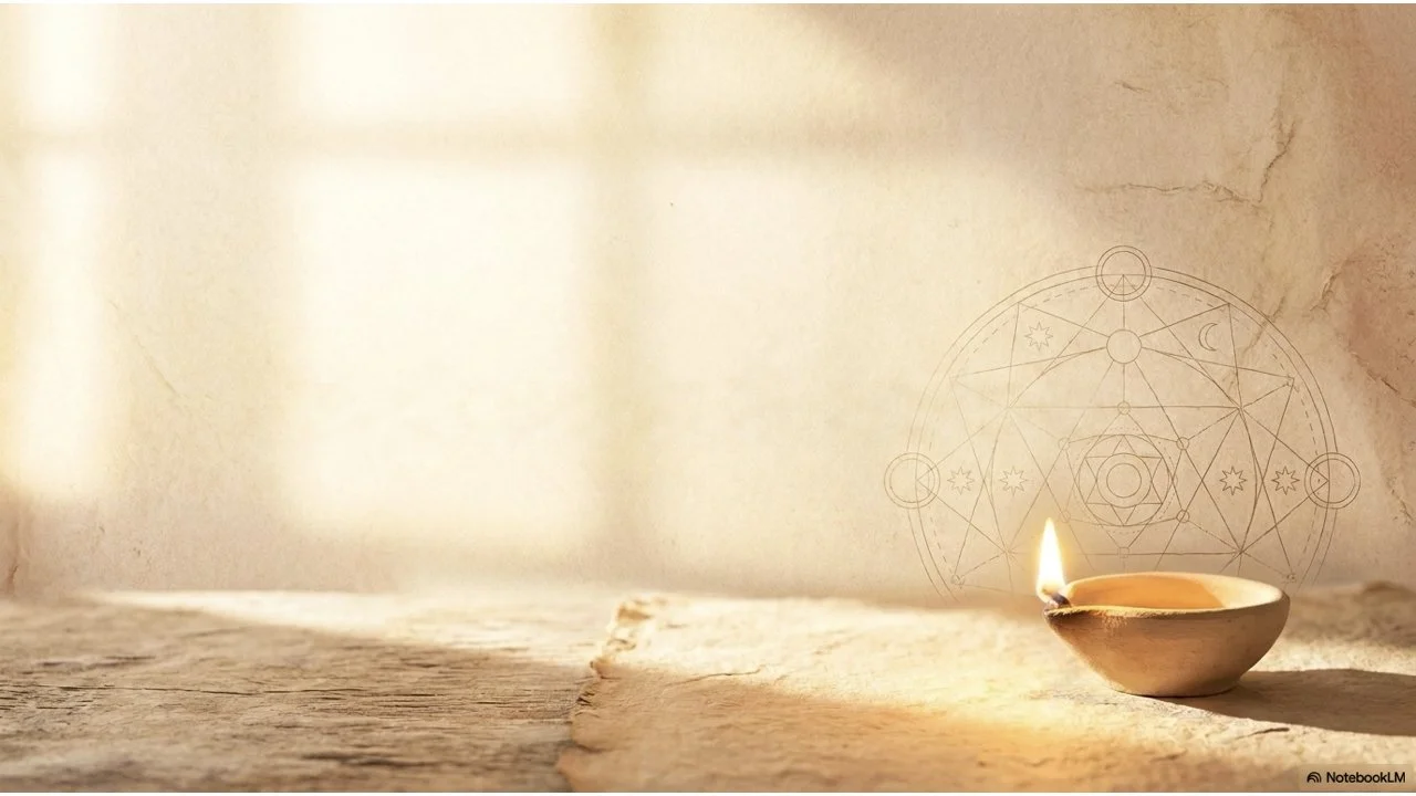 A small clay oil lamp burns on a stone surface, with a faint geometric mandala visible on the wall behind.