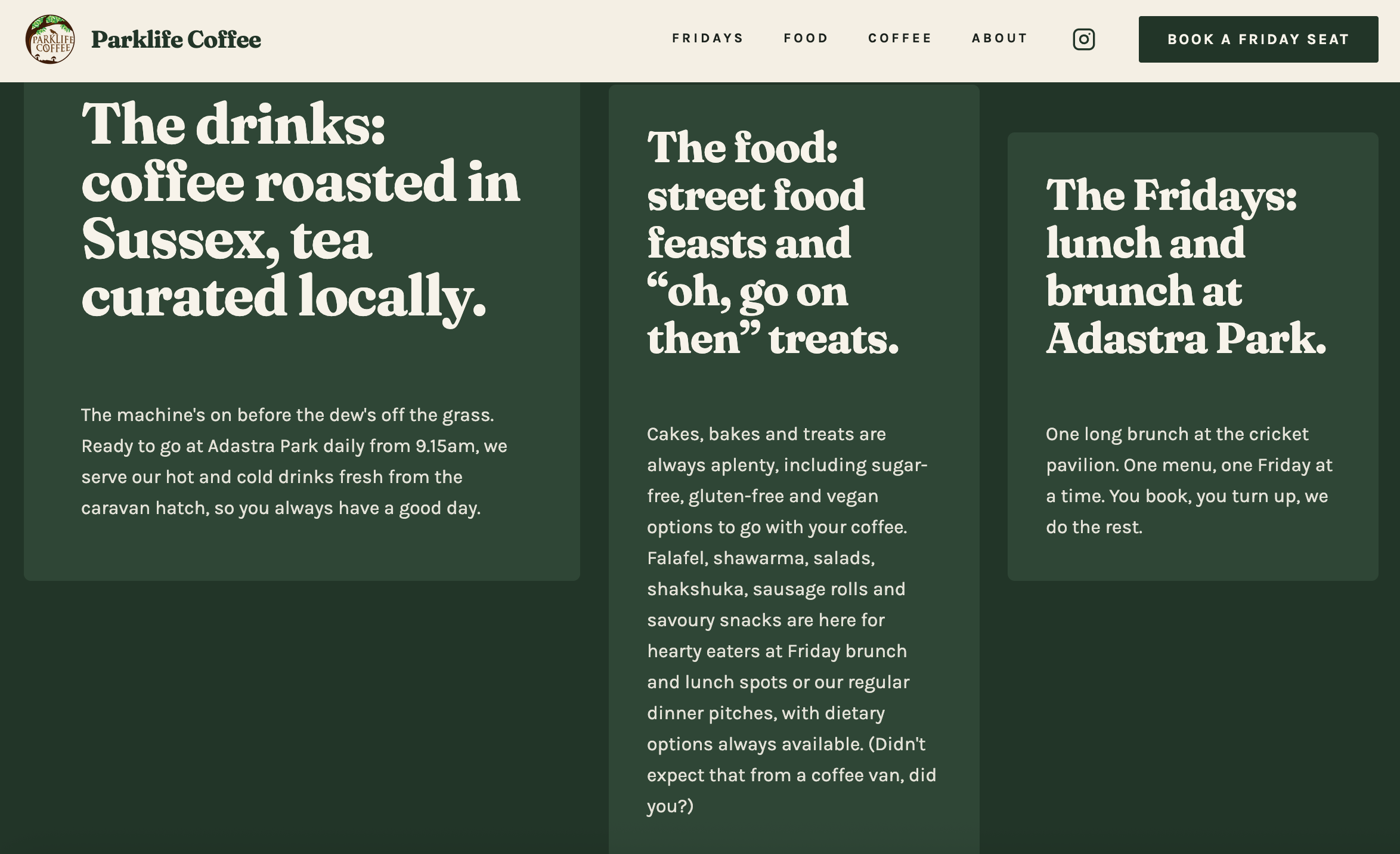 A webpage for Parklife Coffee featuring information about their drinks and food options, including local coffee roastings and street food feasts, with sections detailing Friday brunch and other offerings.