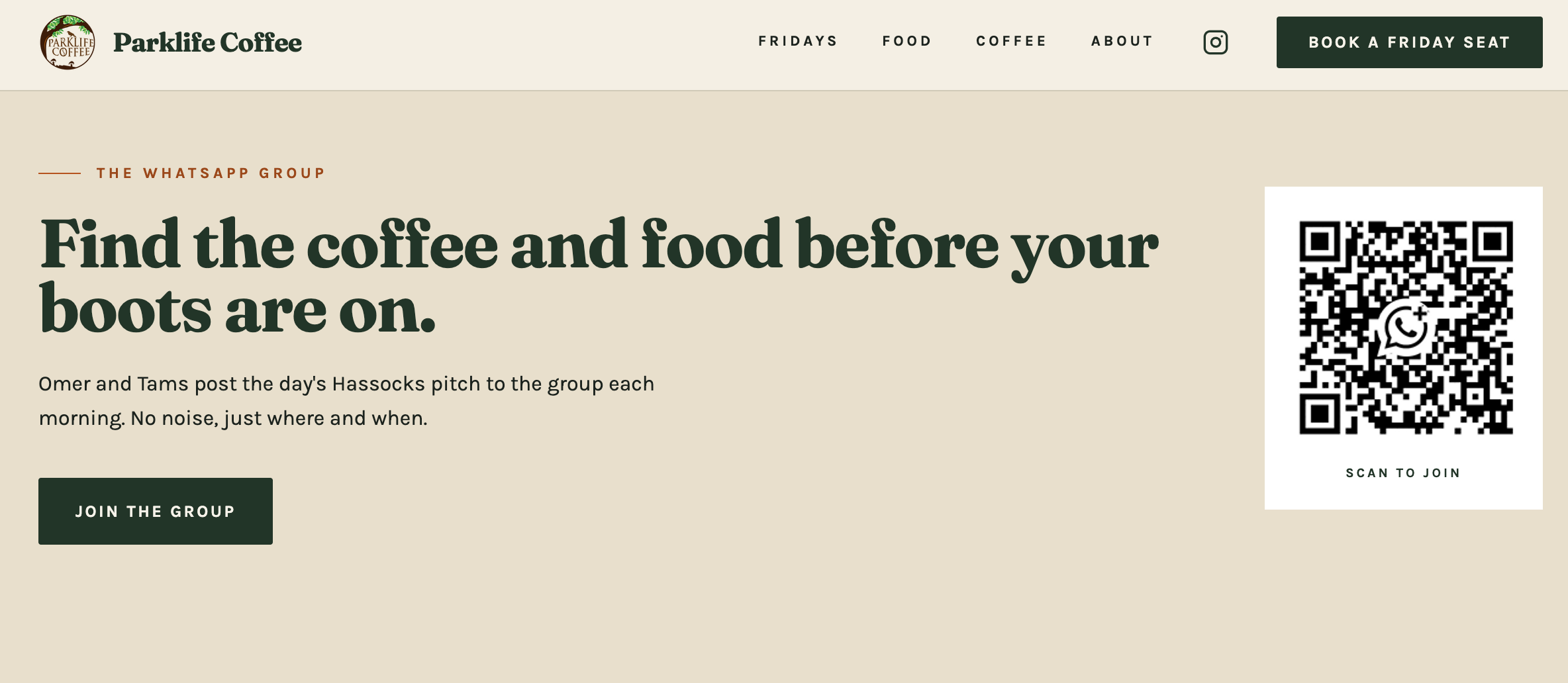 Webpage header for Parklife Coffee with logo, navigation menu, QR code, and call-to-action button.