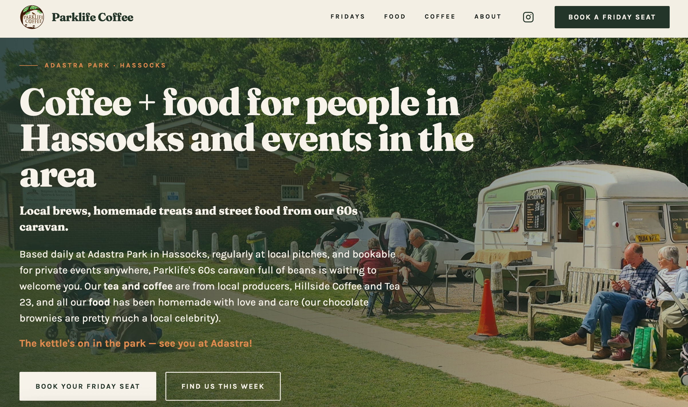 Landing page for a coffee business. Copy over an image of people sitting at outdoor tables in a park with a food truck, trees, and a brick building in the background.