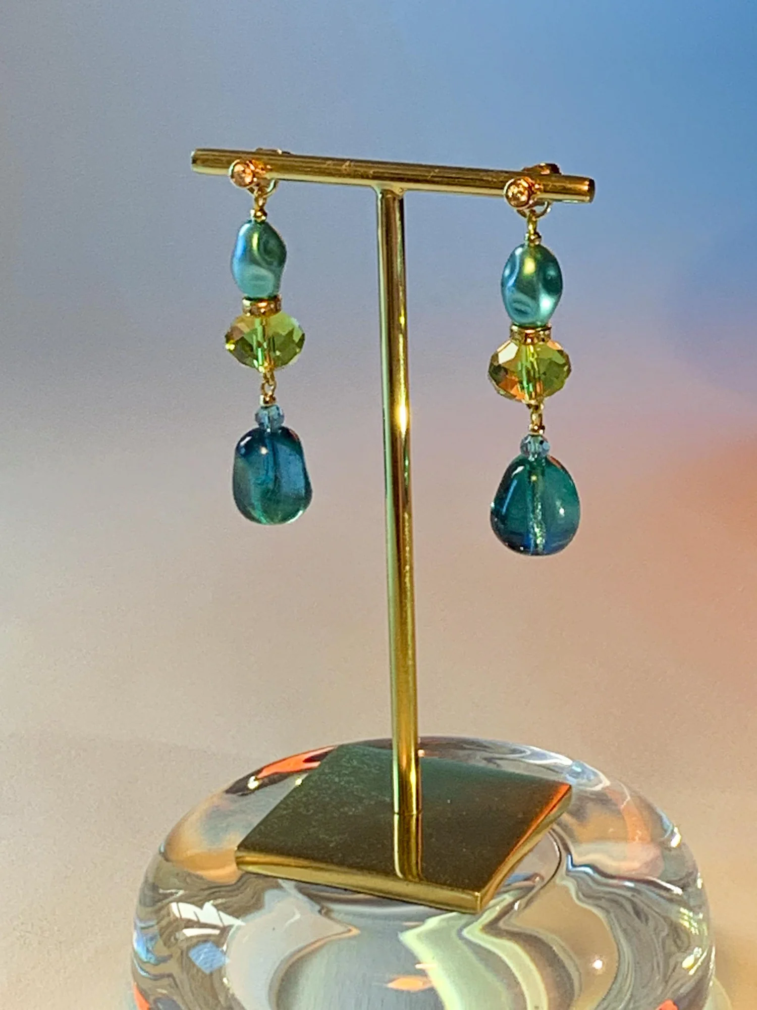 Boucles D'oreilles Anciennes Plaqué Or - Perle Baroque Bleue Véritable - Occasion