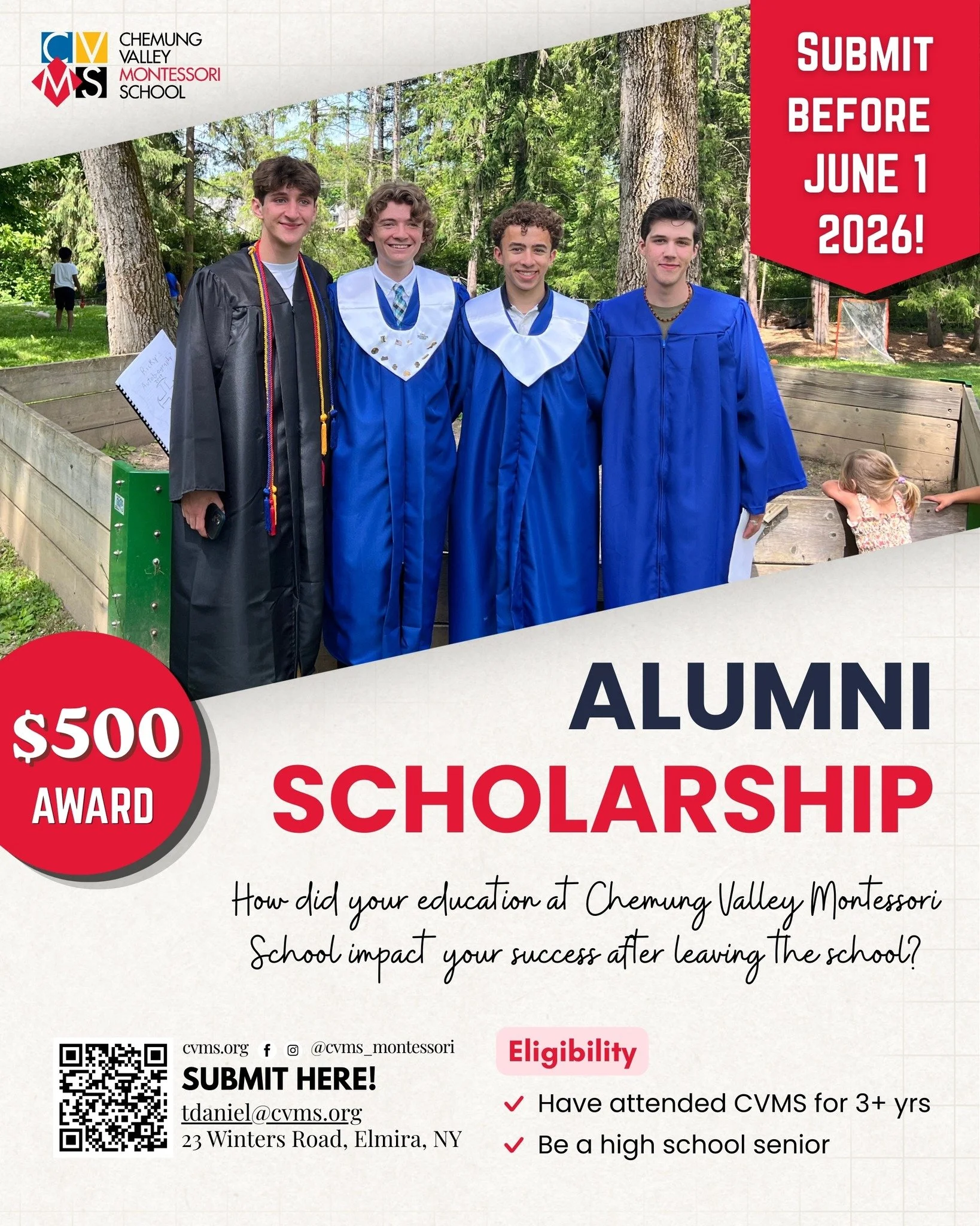 Calling all CVMS Alums! 🎓✨ How did your CVMS education impact your success after leaving the school?

🏆 $500 Award
✅ Eligibility: High school seniors who attended CVMS for 3+ yrs
📅 Deadline: Before June 1, 2026!

How to Apply:
Scan the QR code 📸
