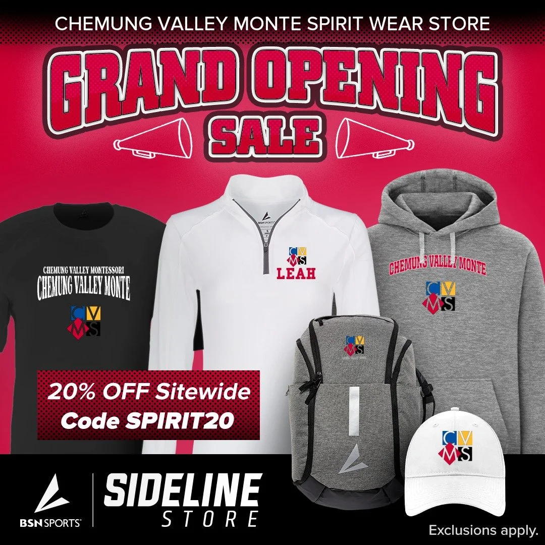 🎉 Celebrate the grand opening of our official Chemung Valley Montessori School store with 20% OFF custom tees, hoodies, joggers, hats &amp; more. Use Code: SPIRIT20

Hurry &mdash; this sale won&rsquo;t last long. 🙌 🥳

Link in Bio.