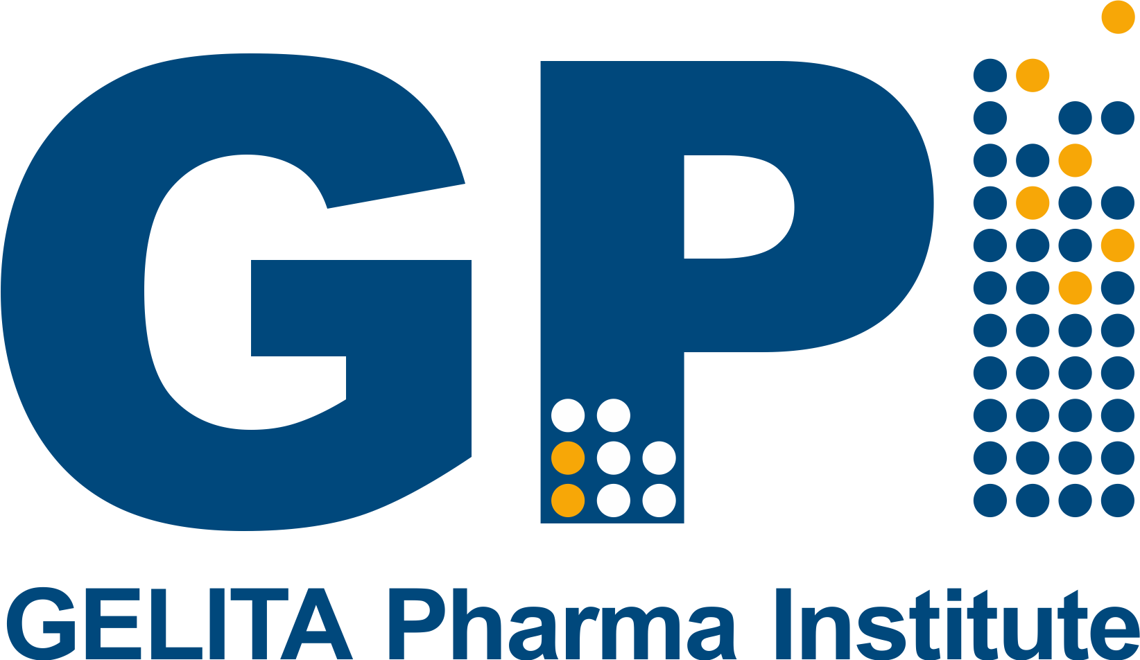 Logo of GELITA Pharma Institute featuring large blue letters 'G' and 'P' with dotted circle design in blue and yellow, and text underneath reading 'GELITA Pharma Institute'.