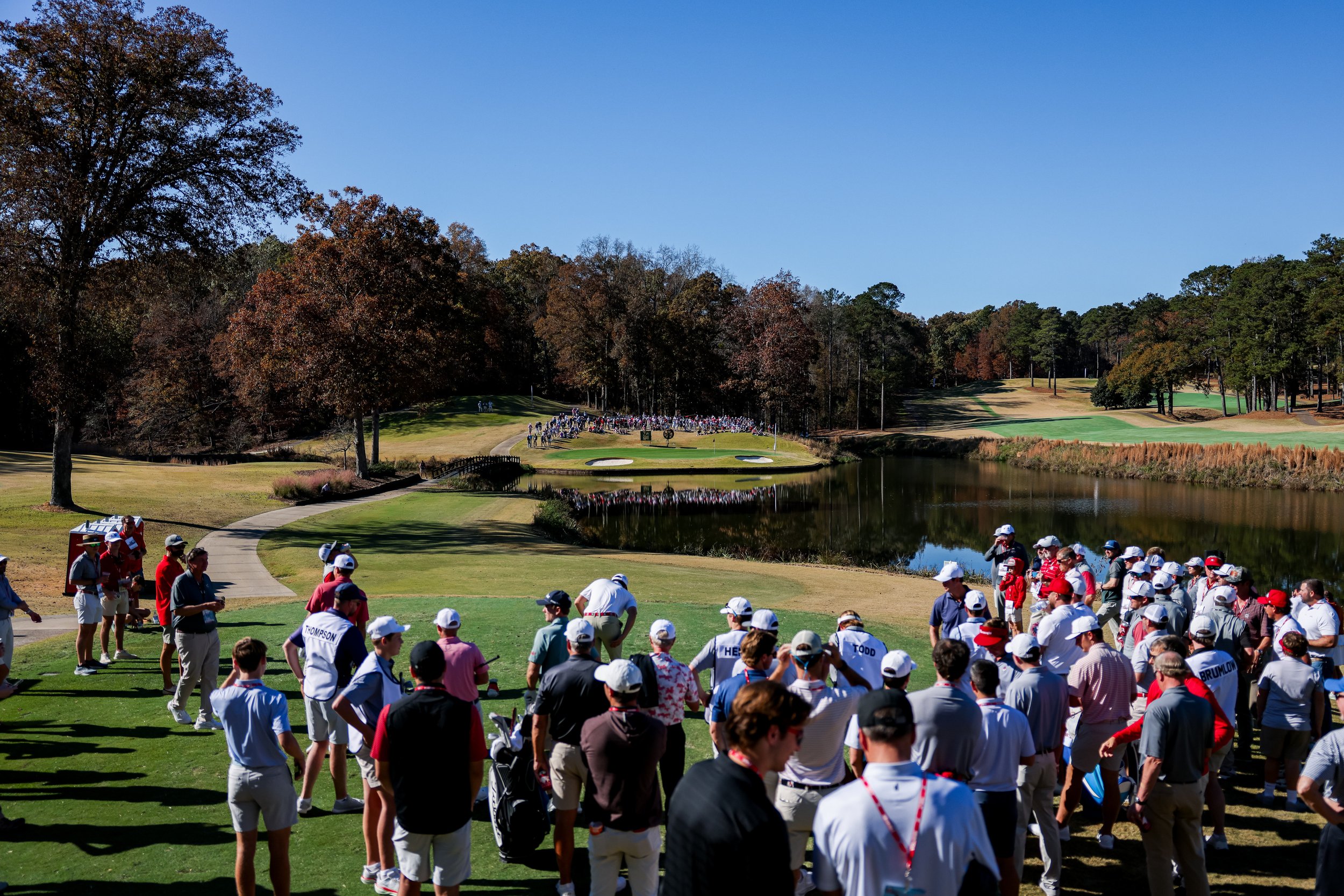 A golf course filled with people, some in line, with trees and a pond in the background under a clear blue sky.