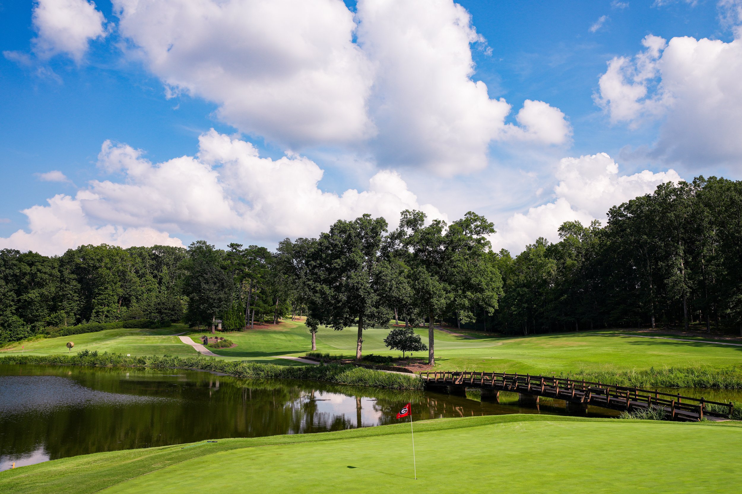 A golf course with a putting green, water hazard, trees, and a cloudy blue sky.