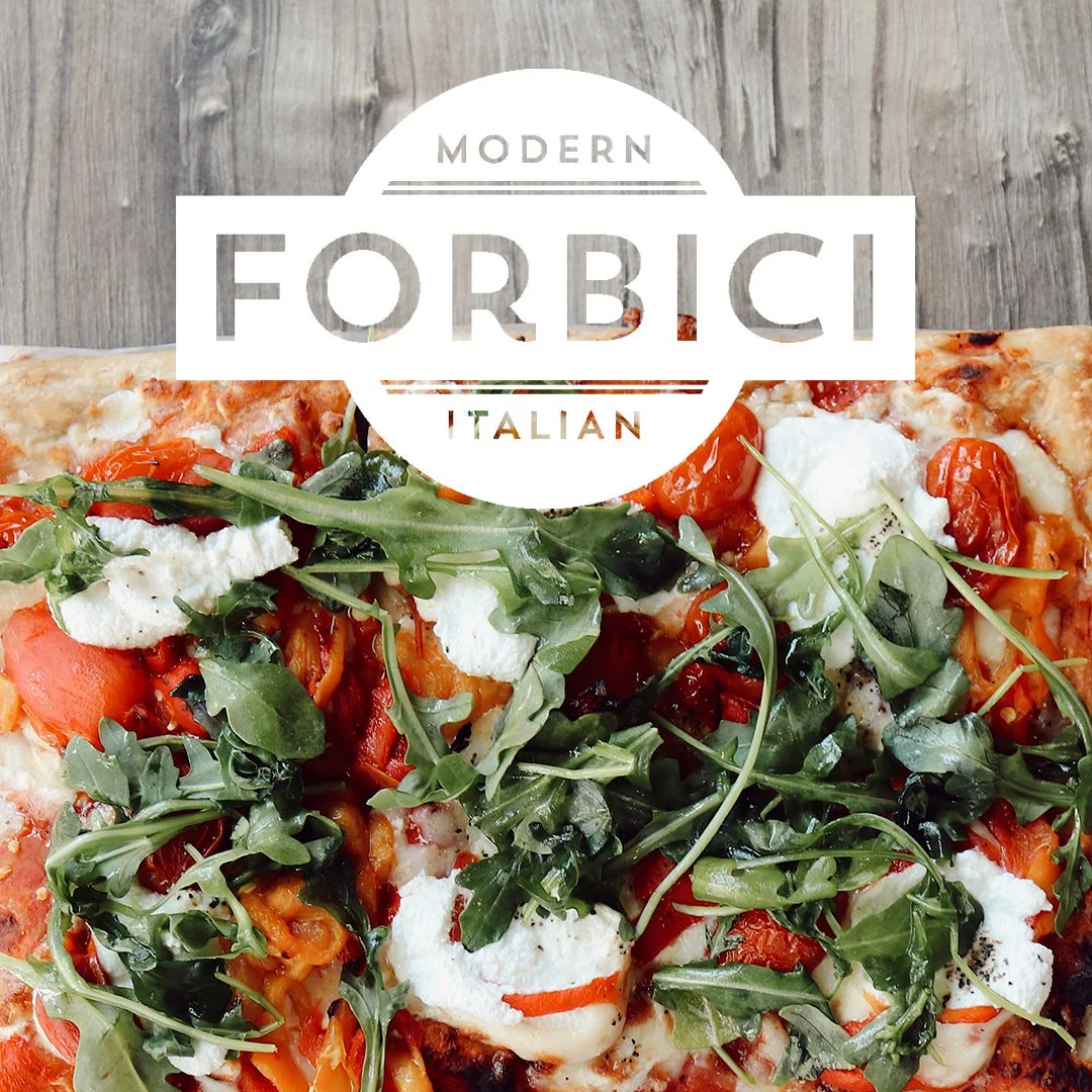 Italian pizza topped with arugula, cherry tomatoes, and mozzarella on a wooden table, with "Modern Forbici Italian" text overlay.