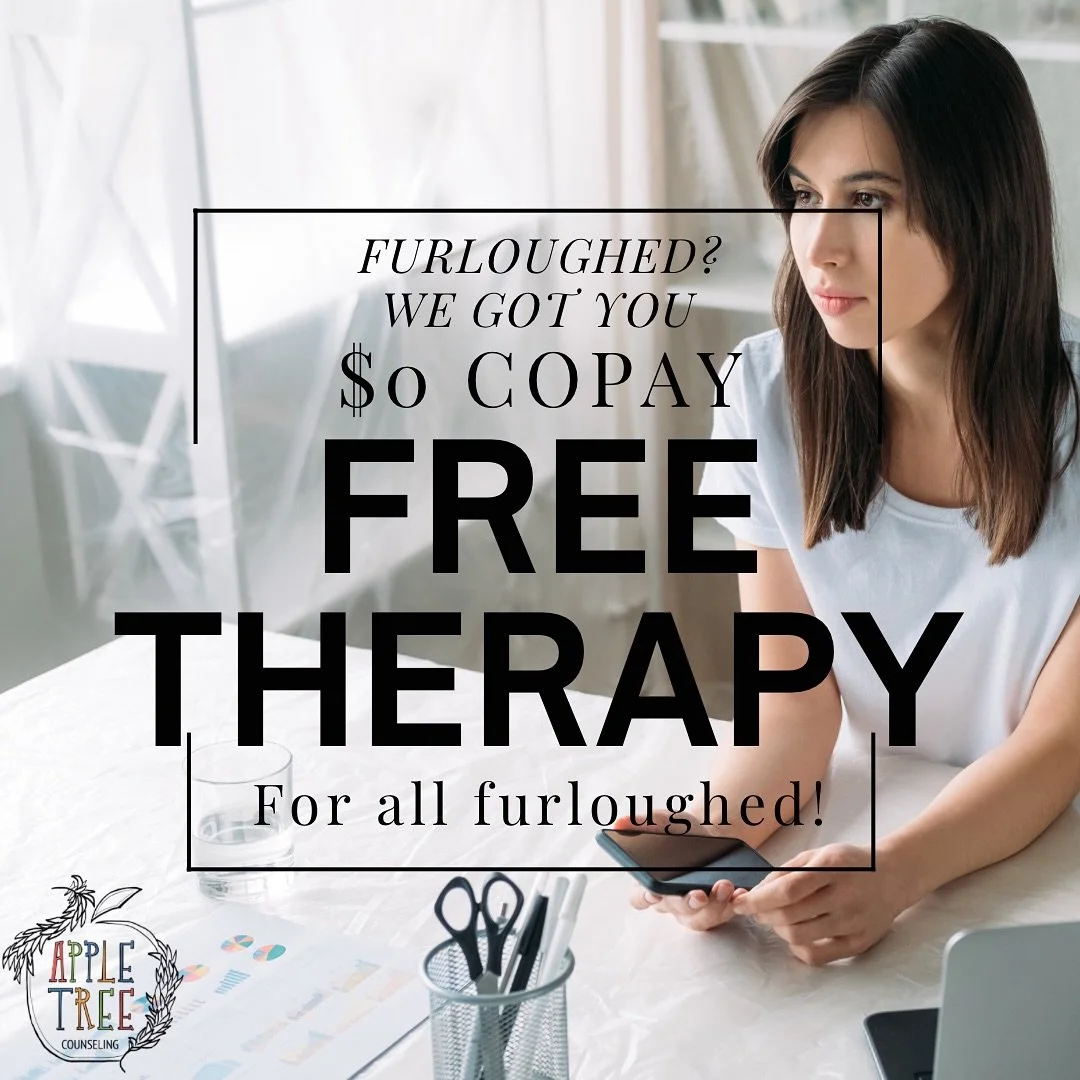 We know times of uncertainty can be stressful. 💚 Apple Tree Counseling is offering free therapy for furloughed employees, available in-person or virtually during your furlough period.
Please bring a letter or email confirming your furlough. At the e