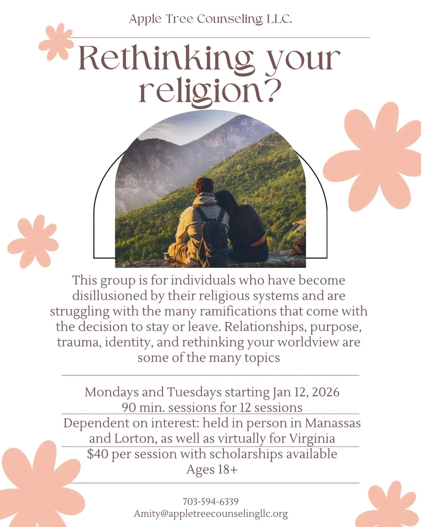 New Group incoming!!
Our resident in counseling Amity is starting a new group in 2026 for those who are struggling with their relationship with religion.
If you are interested in joining and lock in our early access rate per session please fill out t