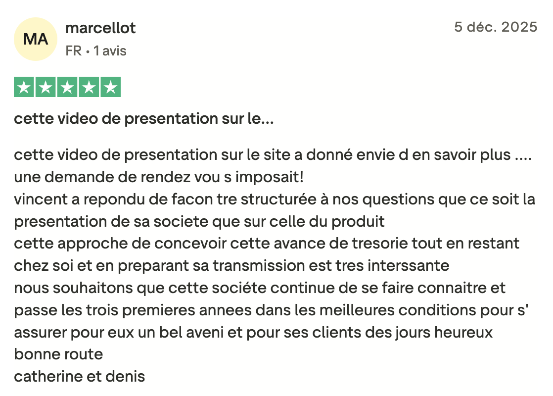 « Avis 5 étoiles de Catherine et Denis sur Merci Prosper, évoquant une présentation claire, des échanges structurés avec Vincent et une solution intéressante pour rester chez soi tout en préparant sa transmission. »