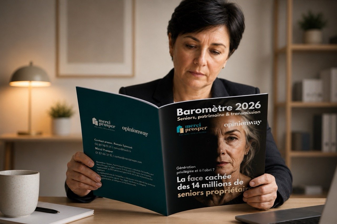 Une femme consulte le Baromètre "Seniors, Patrimoine et Transmission" de Merci Prosper réalisé avec OponionWay