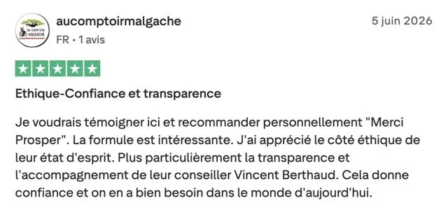 Avis Trustpilot 5 étoiles de aucomptoirmalgache sur Merci Prosper