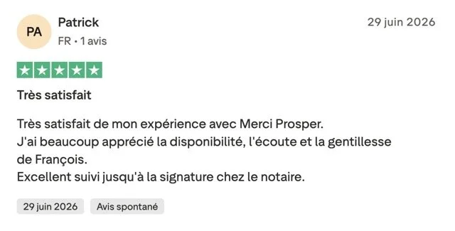 Avis Trustpilot 5 étoiles de Patrick sur Merci Prosper