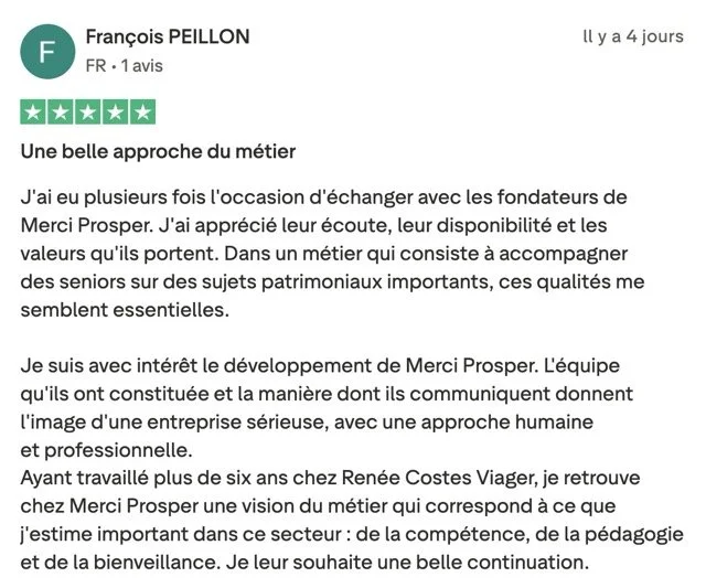 Avis Trustpilot 5 étoiles de François Peillon sur Merci Prosper