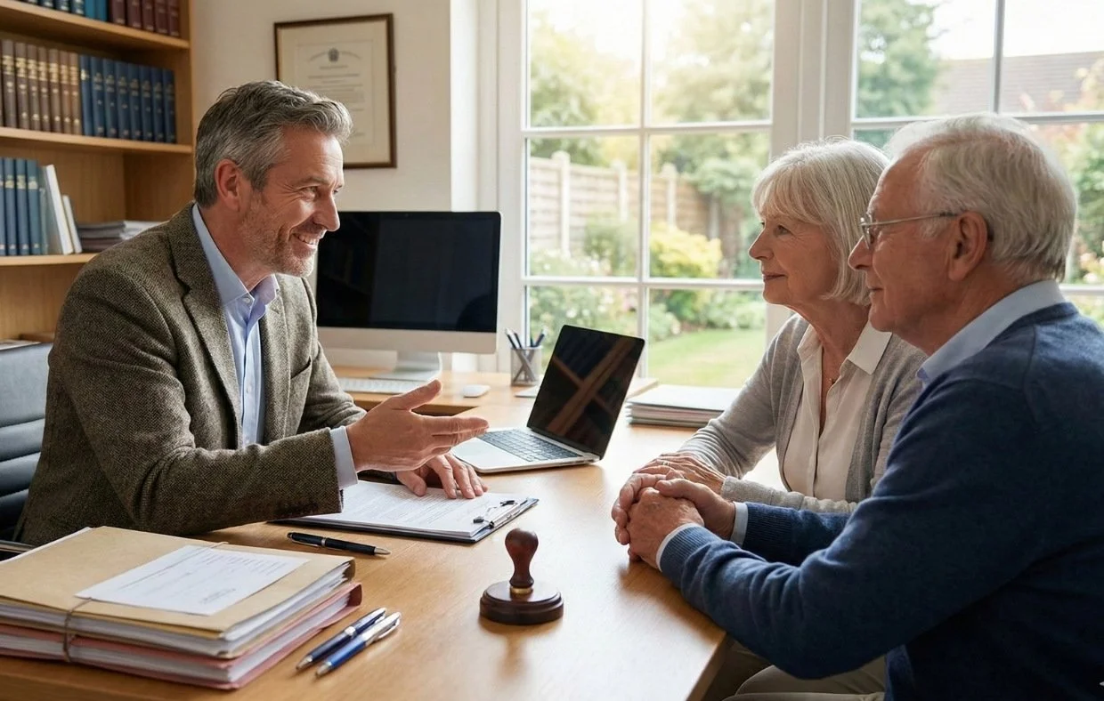 Un homme en costume discutant avec un couple âgé lors d'une réunion dans un bureau bien éclairé par une grande fenêtre, avec des livres et un ordinateur sur la table.