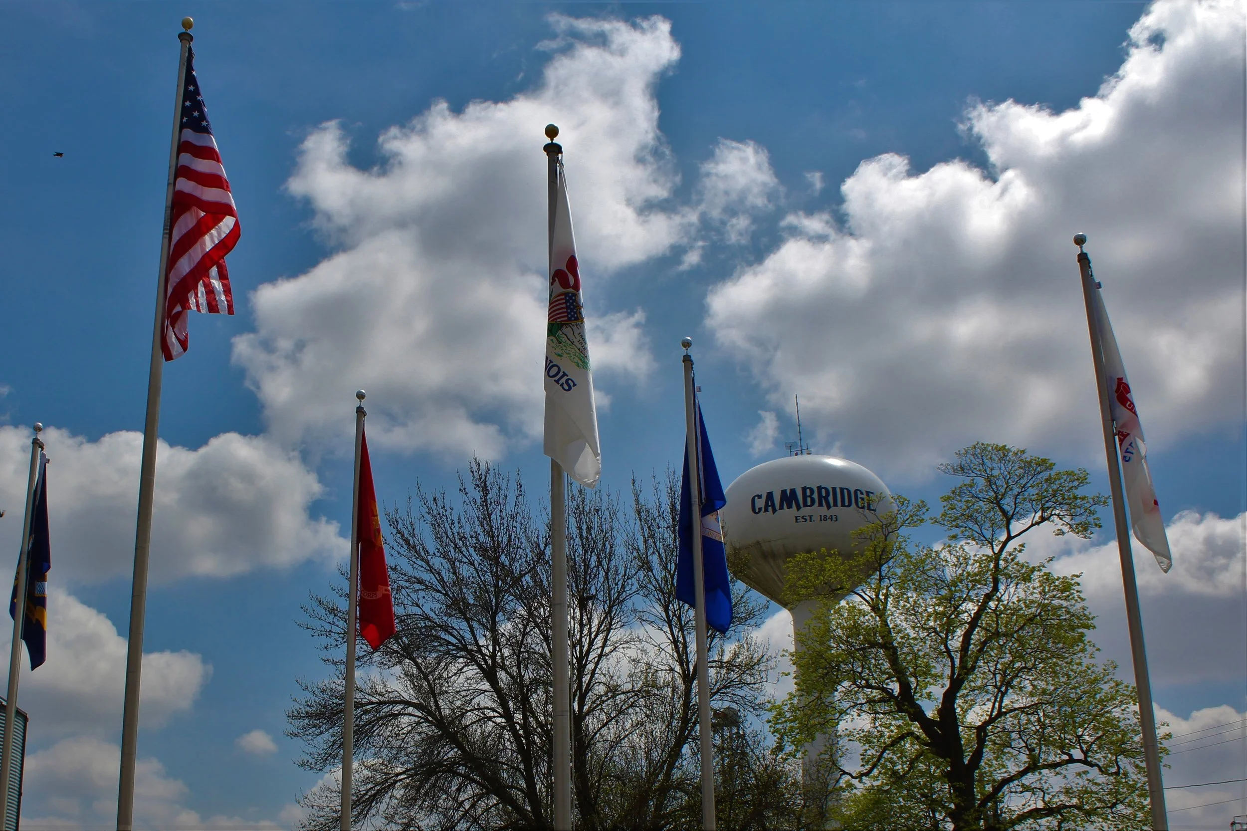 Picture of flags and the Cambridge water tower in Cambridge's Memorial Park