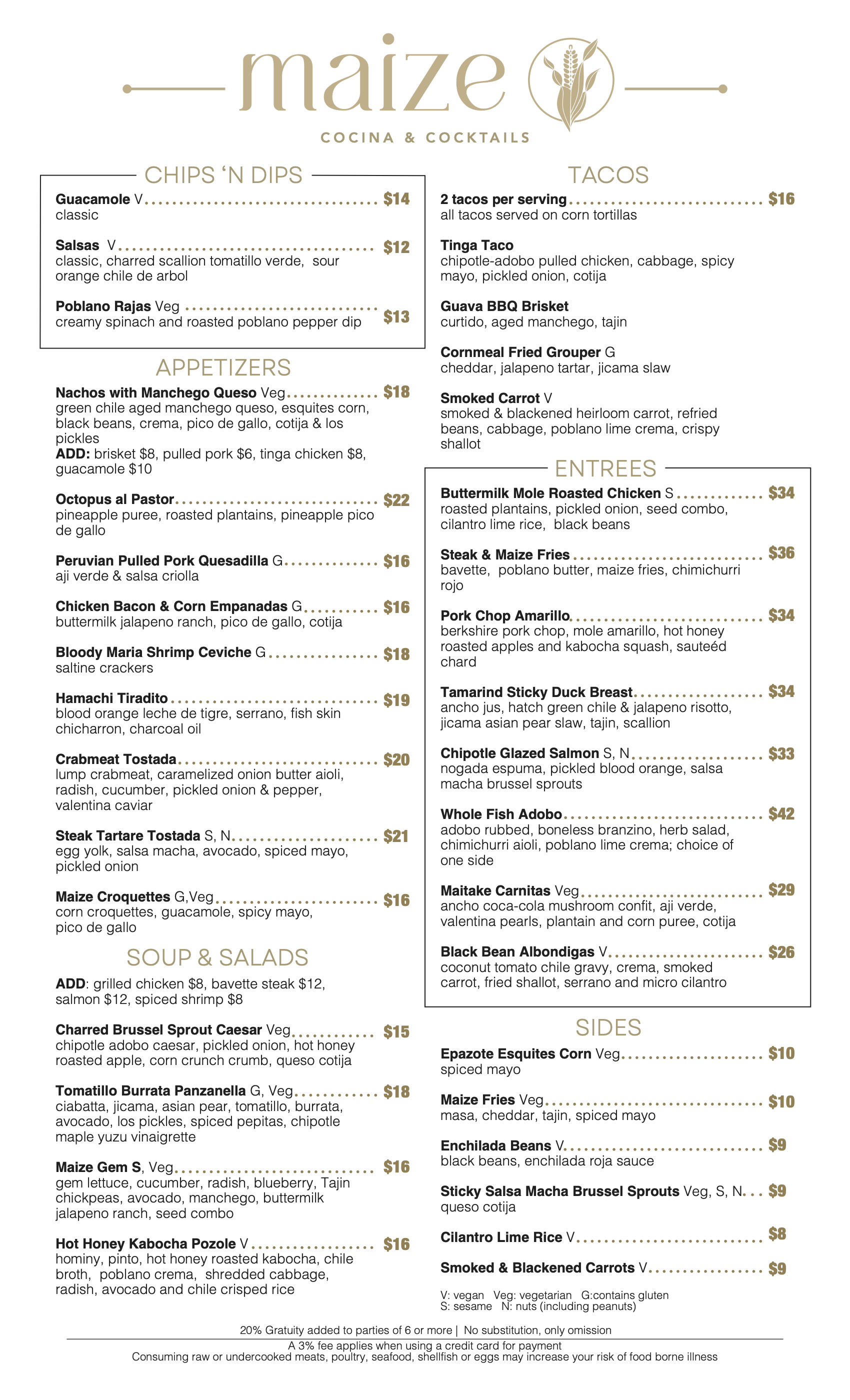 dinner menu — Maize | Cocina & Cocktails