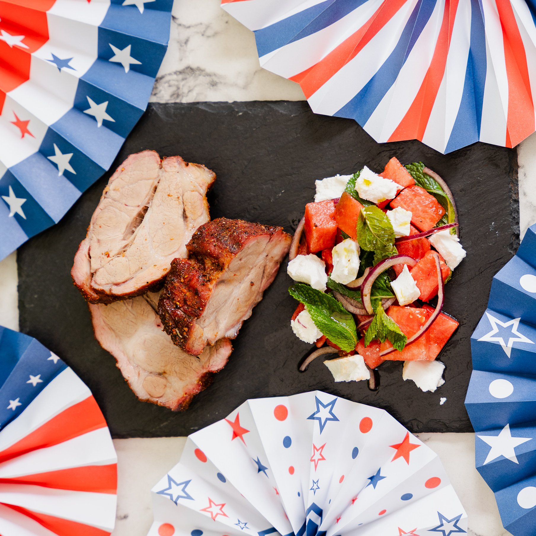 Sticky ribs with coke BBQ sauce with watermelon summery salad