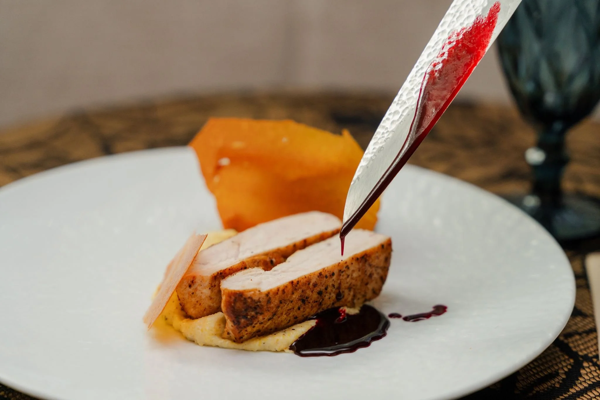 halloween chicken dish with beetroot jus