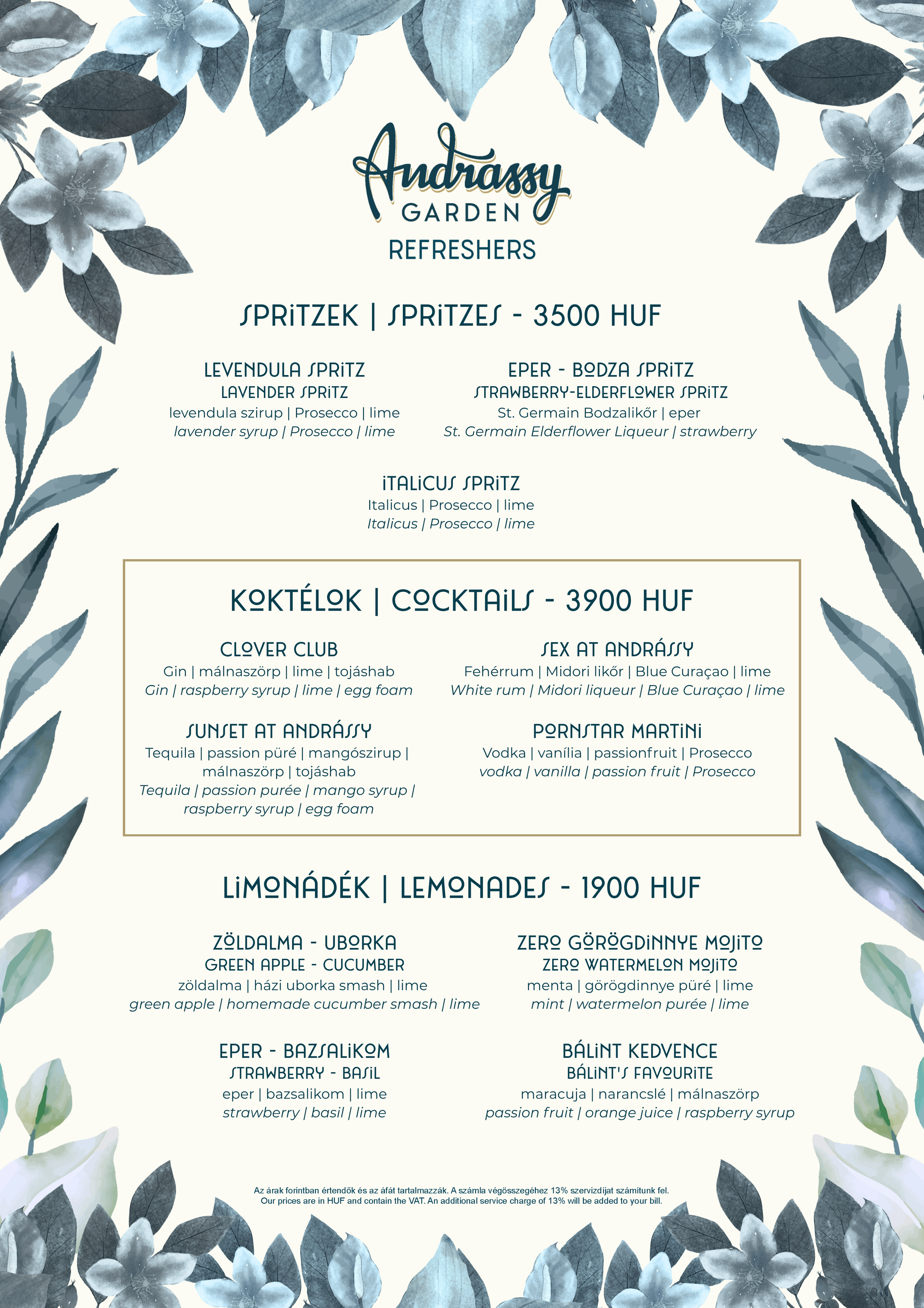 Andrassy Garden refreshers menu featuring a premium selection of spritzes, cocktails, and craft lemonades in Budapest.