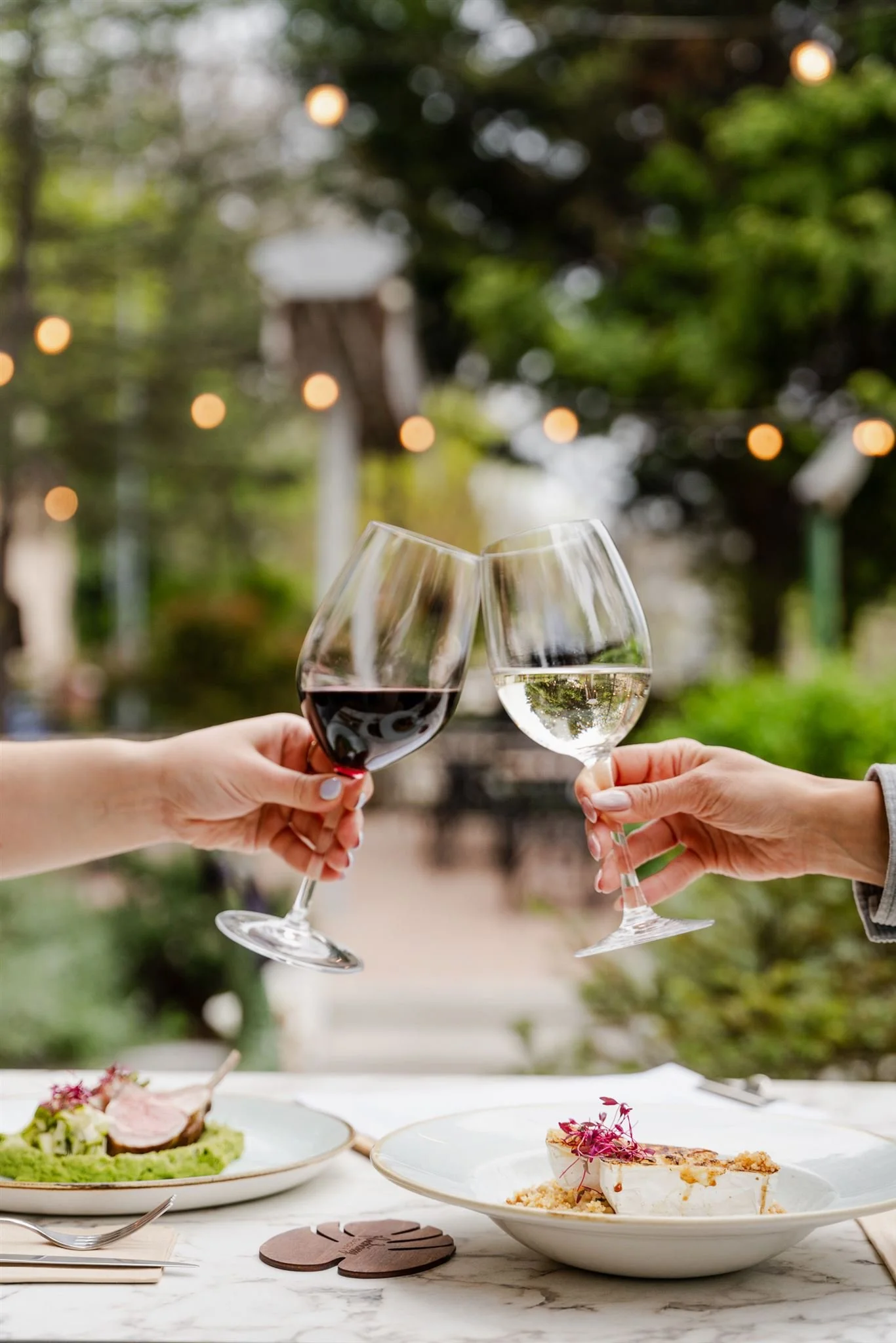 Toasting with red and white wine at Andrássy Garden's terrace, featuring roasted camembert and lamb chops on the table.