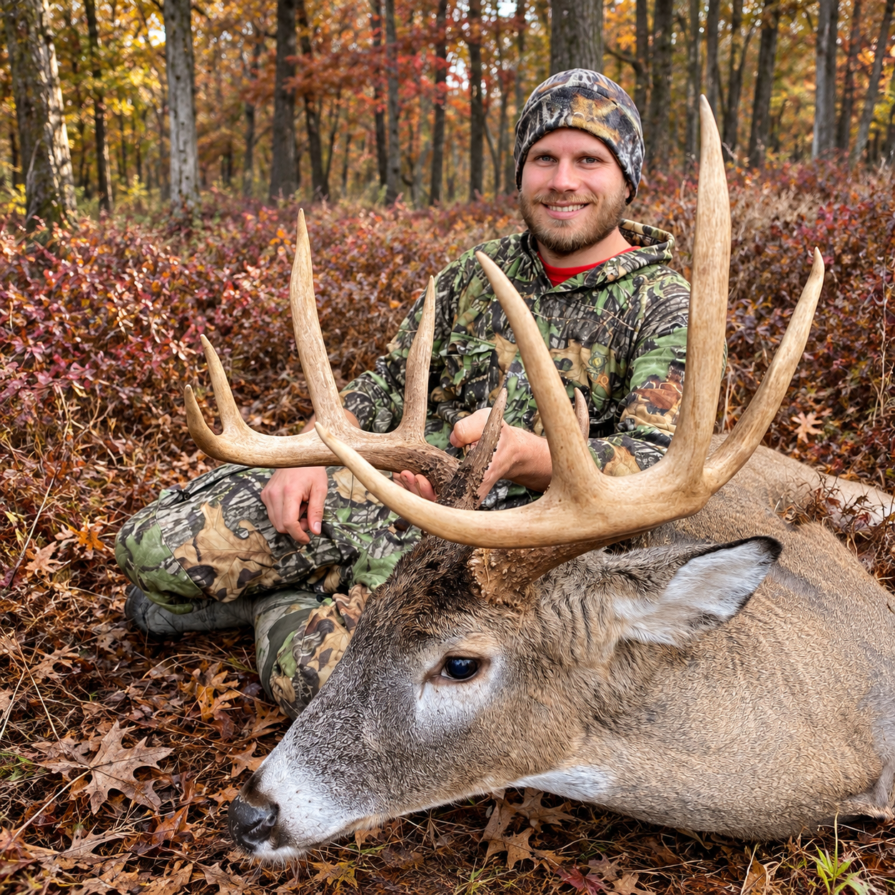 A man in camouflage clothing and a camo hat crouches in a fall forest, smiling and holding the antlers of a large harvested deer with a multi-point rack, lying on a bed of colorful leaves.
