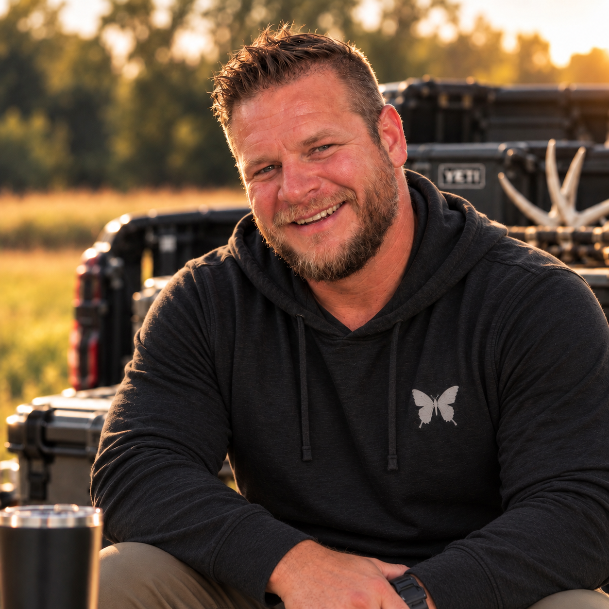 A man with a beard and short hair smiling outdoors at sunset, wearing a black hoodie with a butterfly logo, seated in front of a truck with outdoor gear.