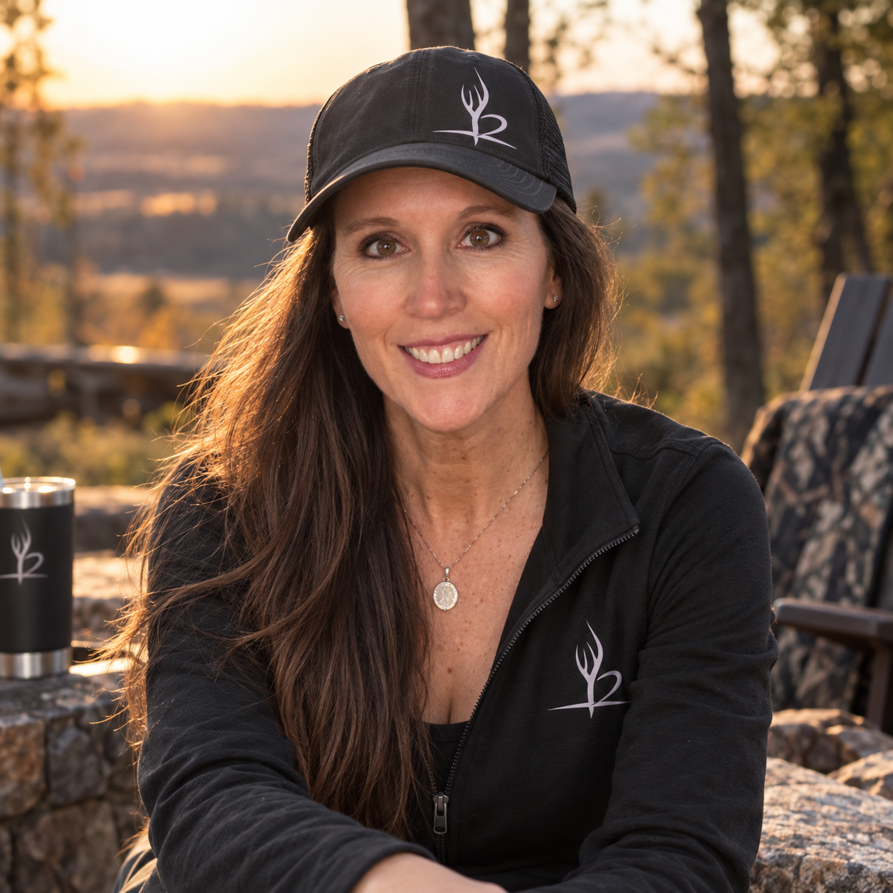 A woman with long brown hair wearing a black cap and black jacket, smiling outdoors with trees and hills in the background at sunset.