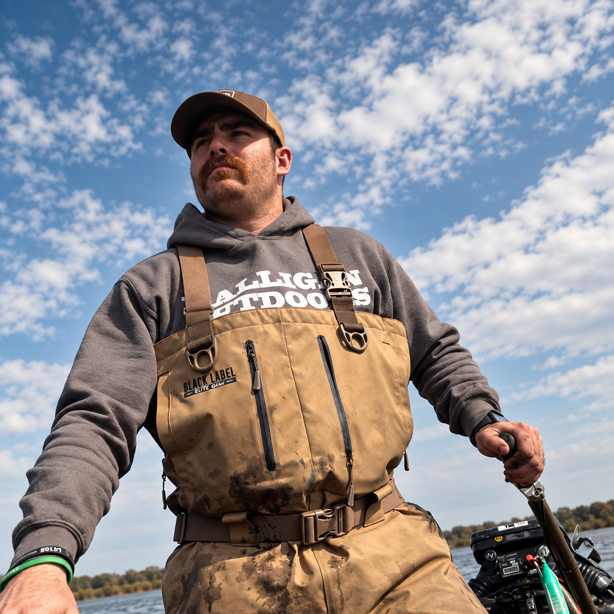 Man in fishing gear holding a fishing rod by a body of water, wearing a cap and sunglasses, with a cloudy sky in the background.