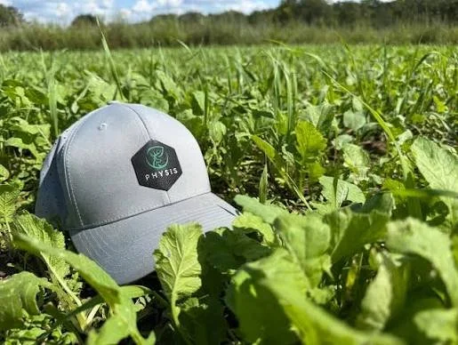 A gray baseball cap with a 'PHYSICS' logo resting on green leafy plants in a field.