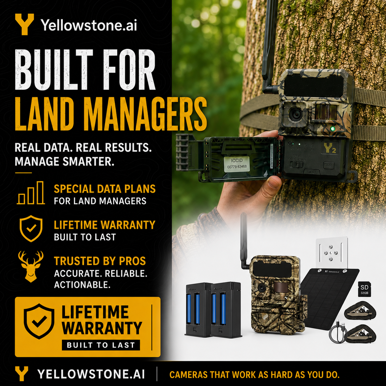 Advertisement for Yellowstone.ai land management equipment showing a trail camera mounted on a tree, portable batteries, a solar panel, SD card, and mounting accessories. The text highlights features like real data, lifetime warranty, trust by pros, and specialized data plans.