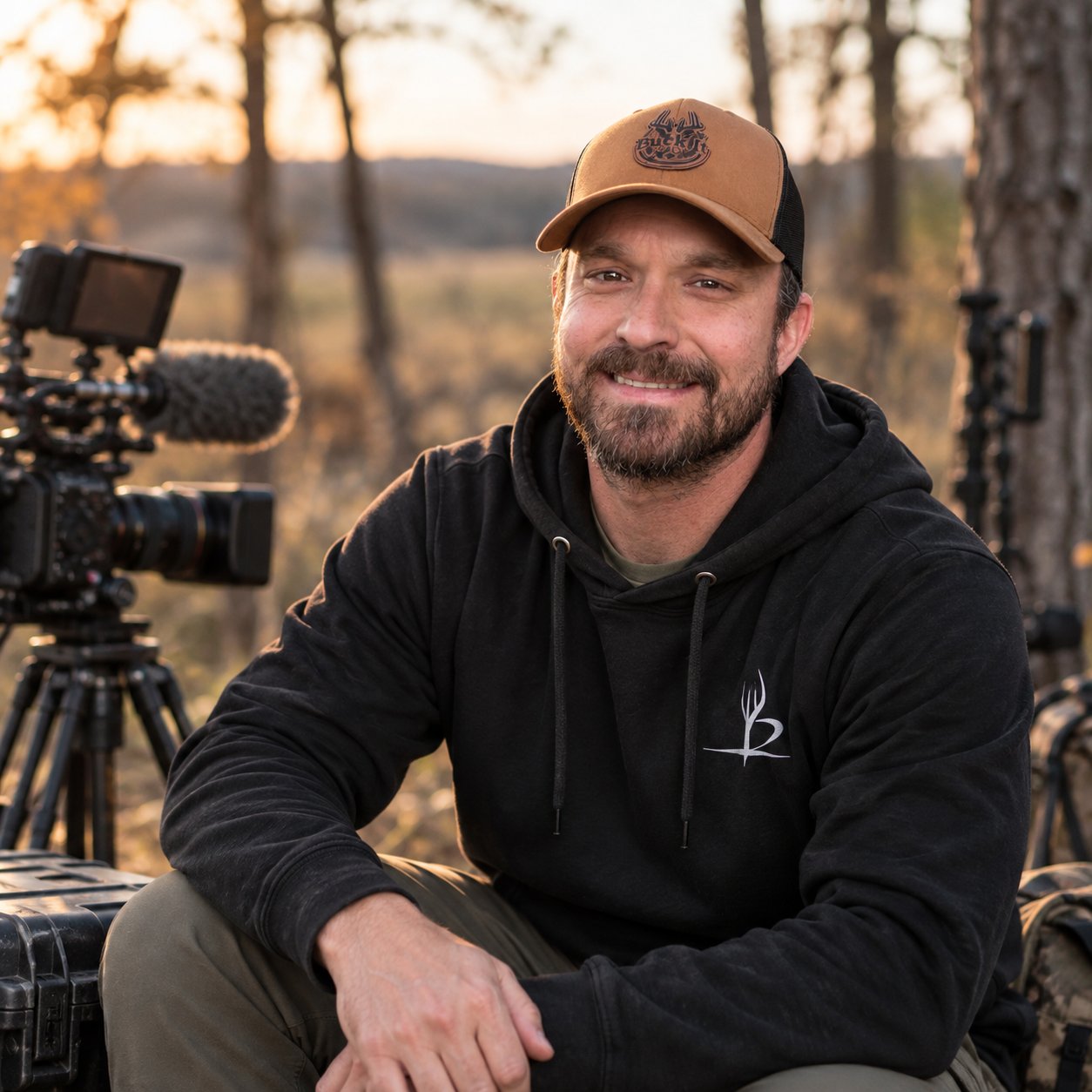 A man with a beard wearing a tan cap and black hoodie, sitting outdoors near trees with camera equipment visible, during sunset.