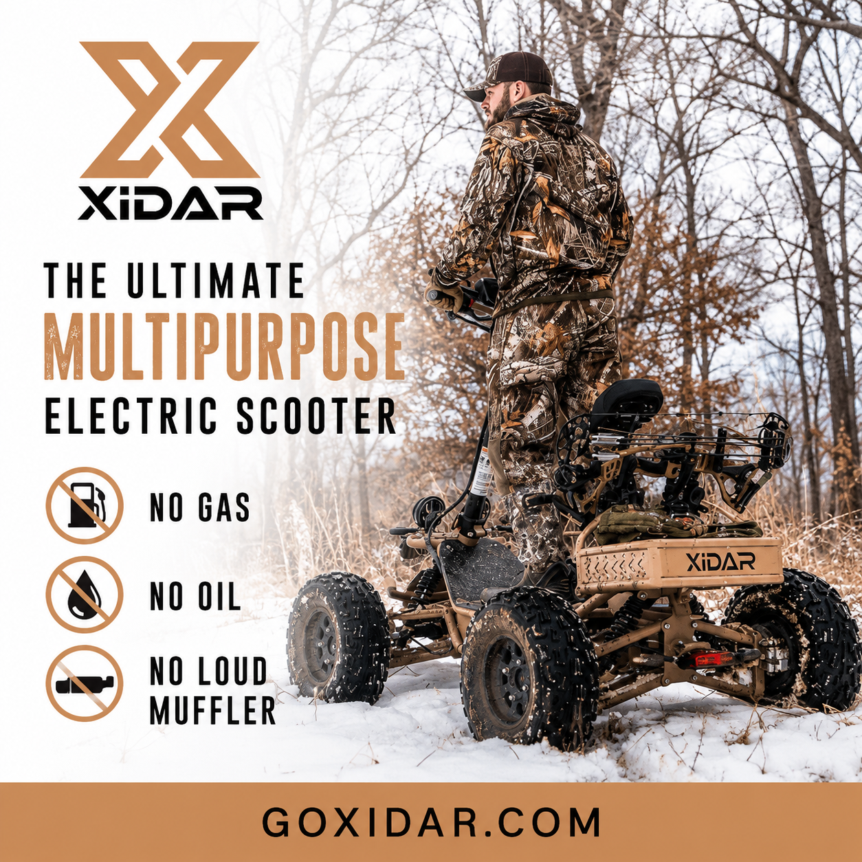 A man in camouflage clothing standing outdoors in a snowy forest, next to a tan XIDAR electric quad bike. The image promotes XIDAR's multipurpose electric scooter, highlighting benefits such as no gas, no oil, and no loud muffler, with a website URL at the bottom.