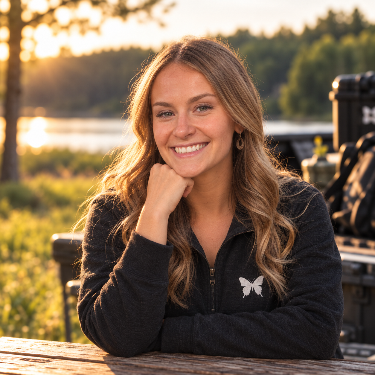 A young woman with long wavy hair smiling outdoors at sunset, sitting at a wooden table by a lake with trees in the background.