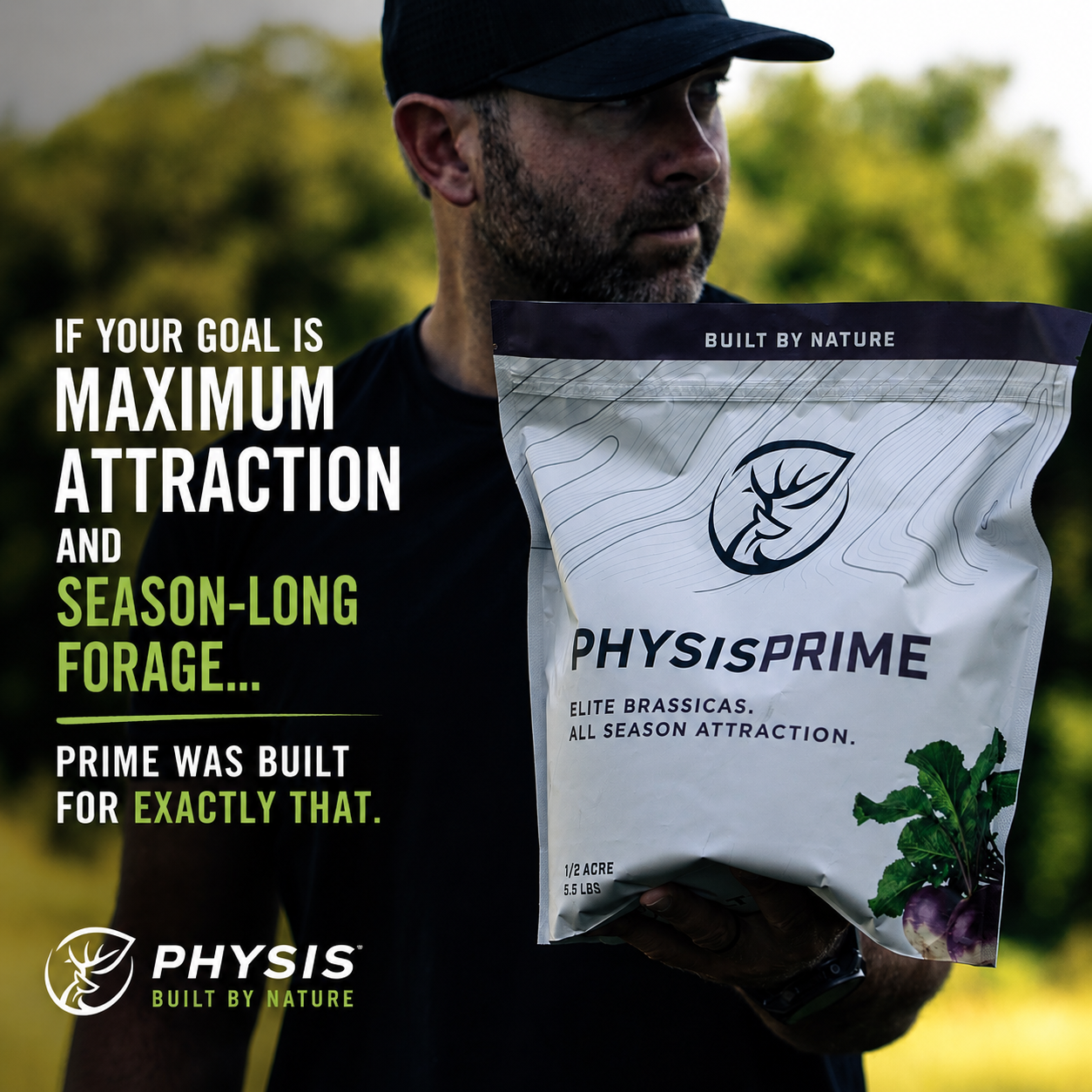 A man holding a bag of PhysisPrime forage with a background of trees, during daylight. The bag features a logo and text indicating it is for all-season attraction and elite brassicas.