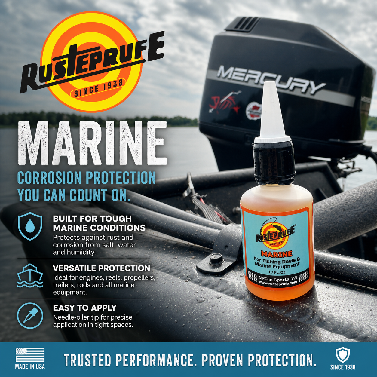 A rustproof marine corrosion protection product bottle on a boat with an outboard motor in the background. The label indicates it is for fishing reels and marine equipment, with a focus on protecting against rust and corrosion under tough marine conditions.
