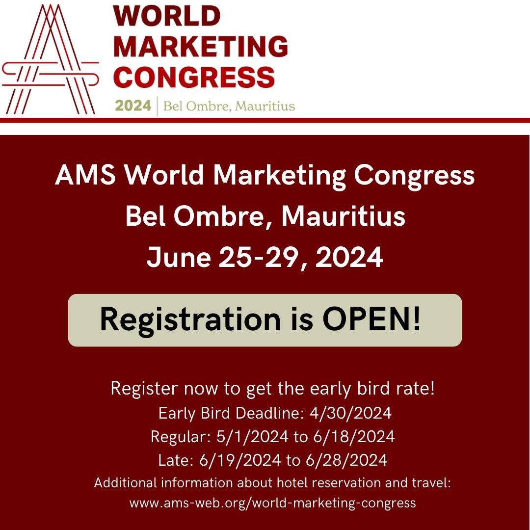 📢 The 2024 AMS World Marketing Congress registration is NOW OPEN!!! Hotel booking link is also available! This year, the WMC will be held at the Heritage Awali Resort in Bel Ombre, Mauritius, June 25-29, 2024. 

Registration and more information abo