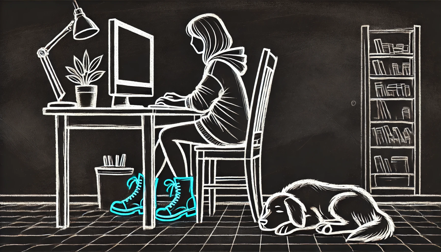 cybersecurity business professional working from home with dog by her side