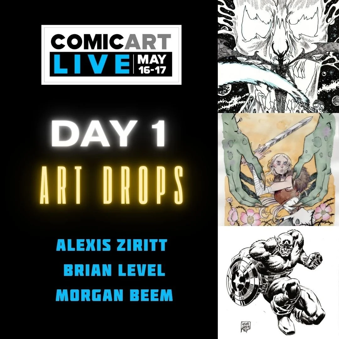 Available now, all NEW-TO-MARKET pieces from @aziritt , @brian.level, and @morganbeem  are at our booth for @comicartfans Comic Art Live. Head to the link in bio to take a look at everything we have on offer, and check out all the other convention of